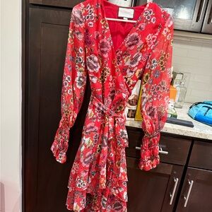 Alexis Red and White Midi Dress with Bishop Sleeves